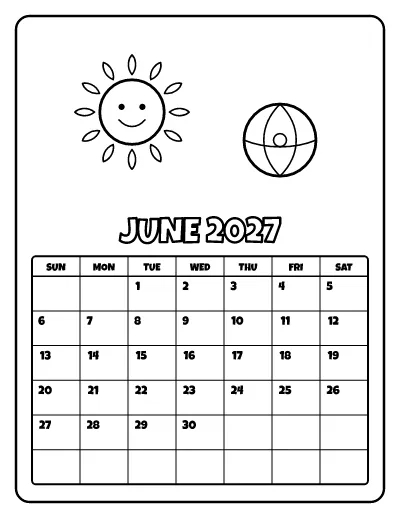 June 2027 Calendar coloring page – printable line art