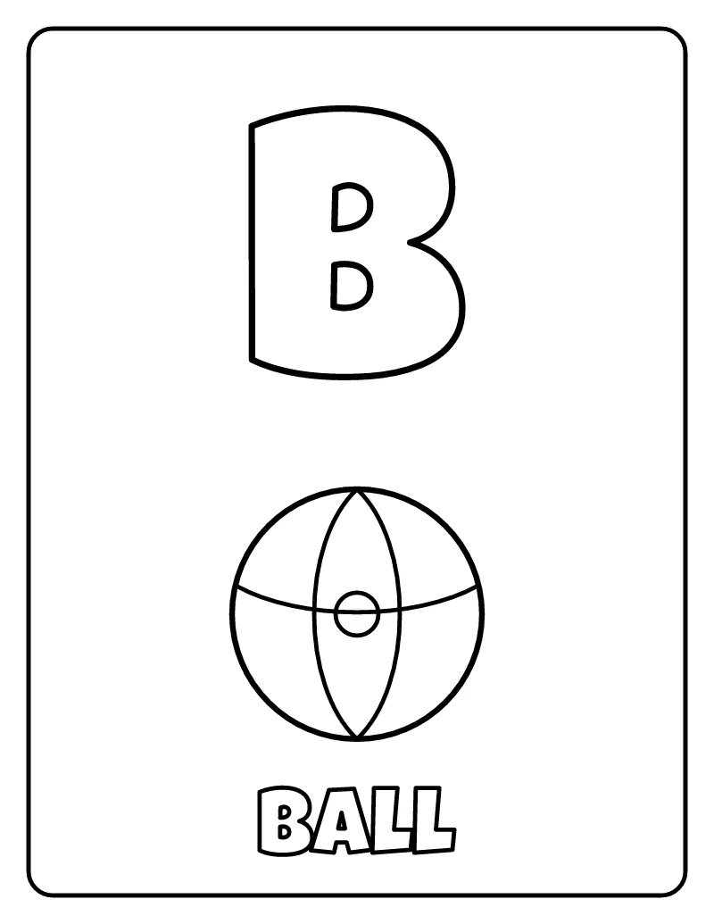 Letter B is for Ball coloring page – printable black and white line art