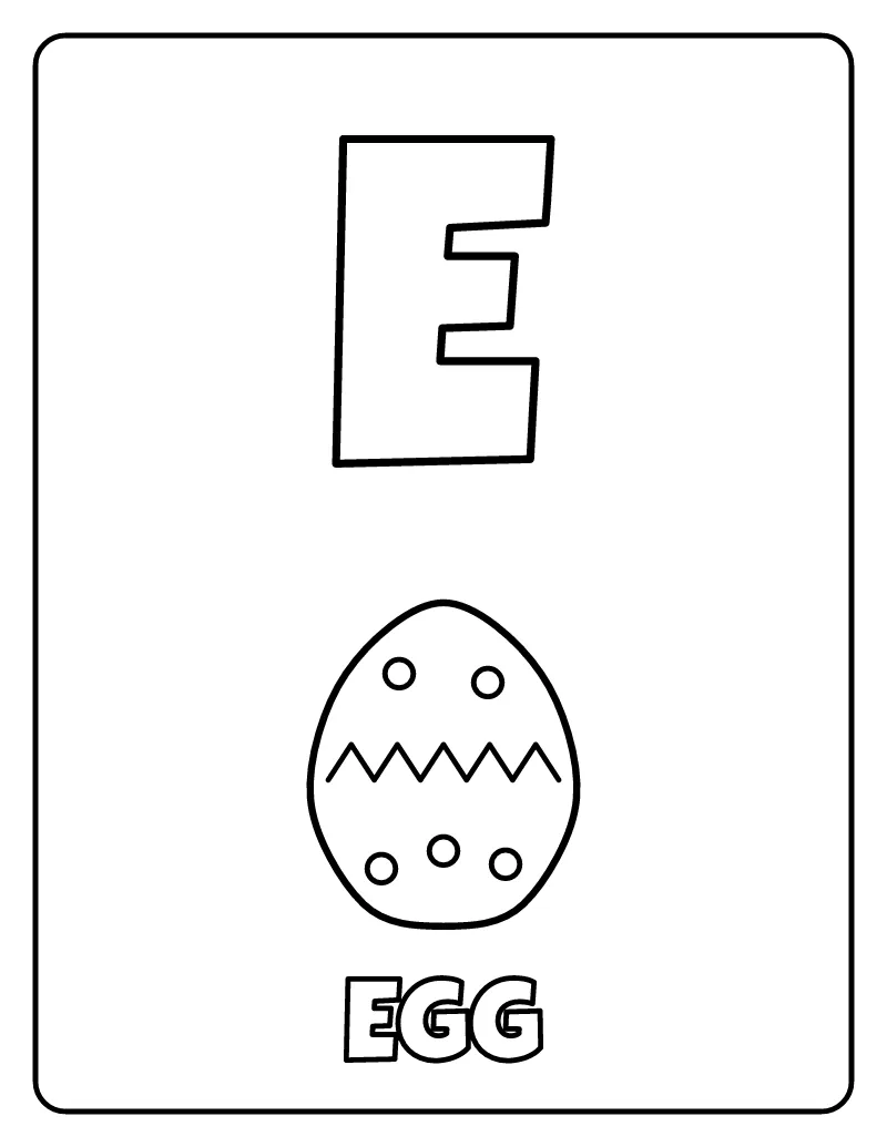Letter E is for Egg coloring page – printable black and white line art