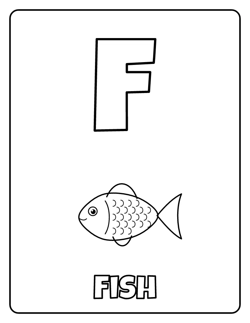 Letter F is for Fish coloring page – printable black and white line art