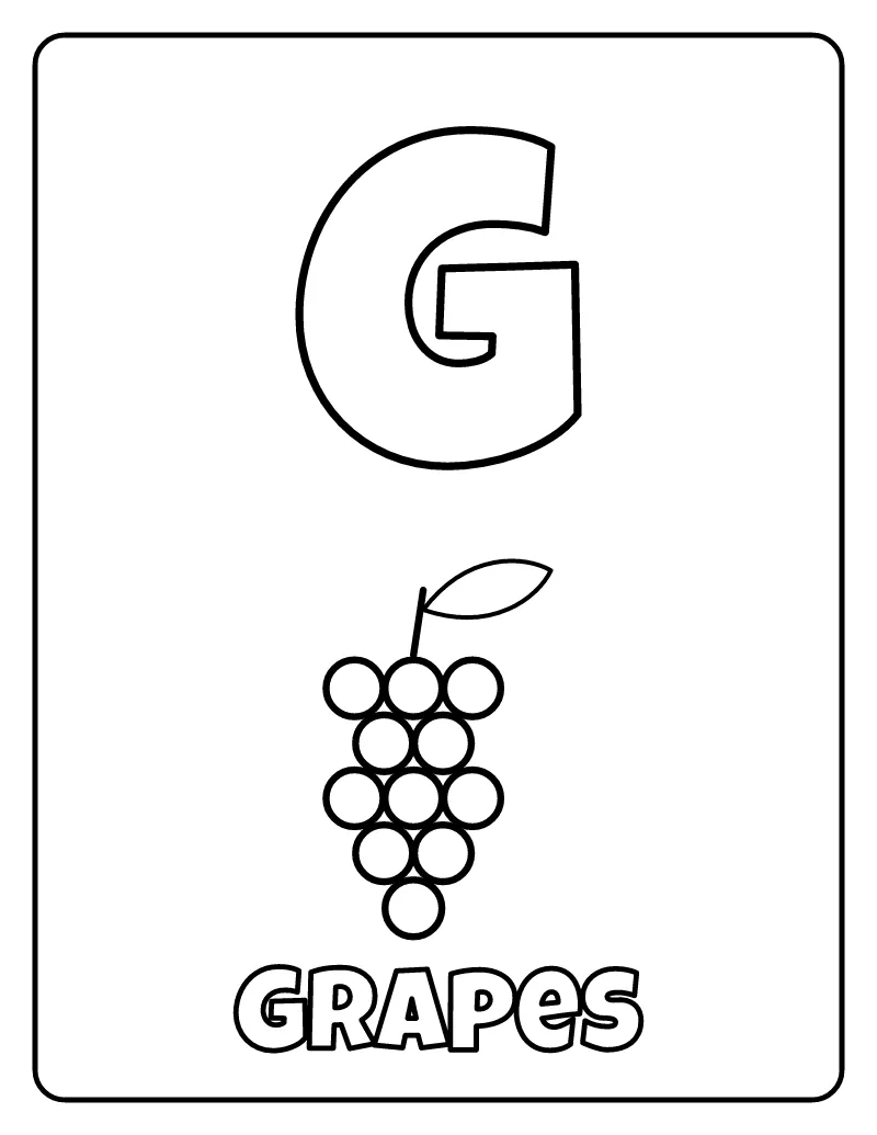 Letter G is for Grapes coloring page – printable black and white line art