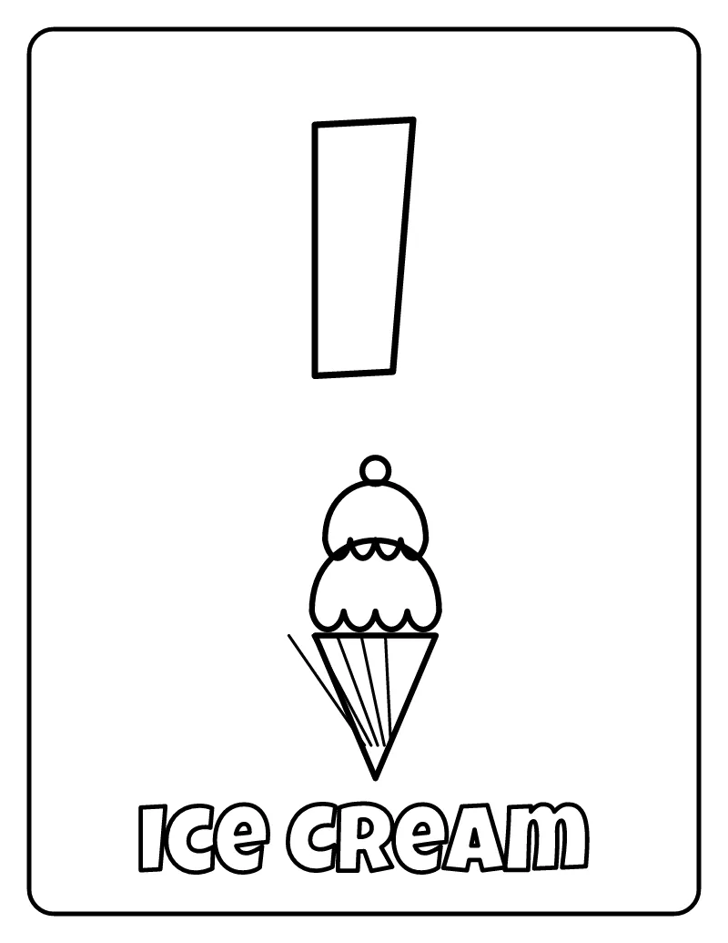 Letter I is for Ice Cream coloring page – printable black and white line art