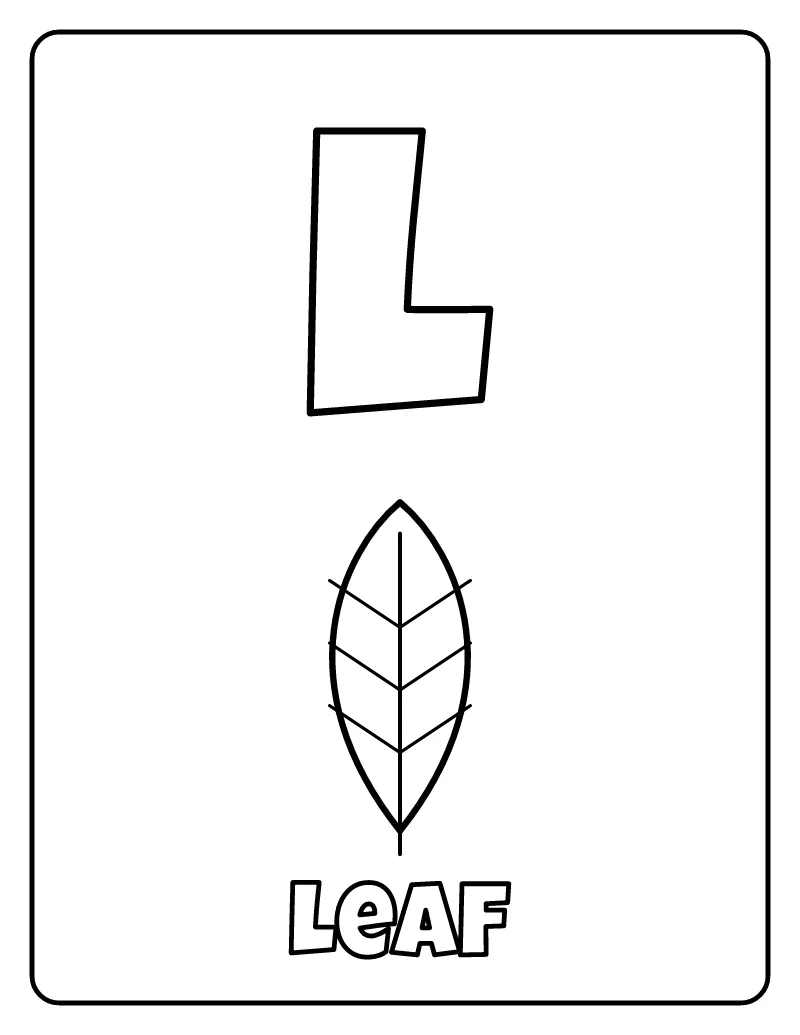 Letter L is for Leaf coloring page – printable black and white line art