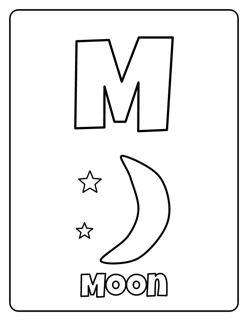 Letter M is for Moon coloring page – printable black and white line art