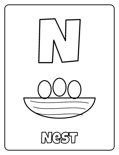 Letter N is for Nest coloring page – printable line art