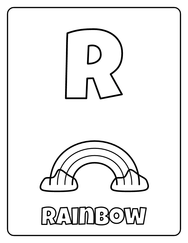 Letter R is for Rainbow coloring page – printable black and white line art