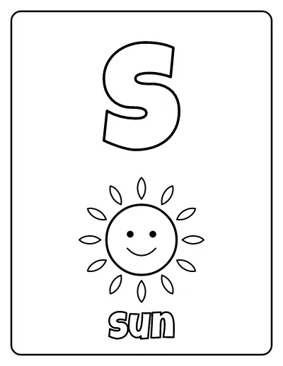 Letter S is for Sun coloring page – printable line art