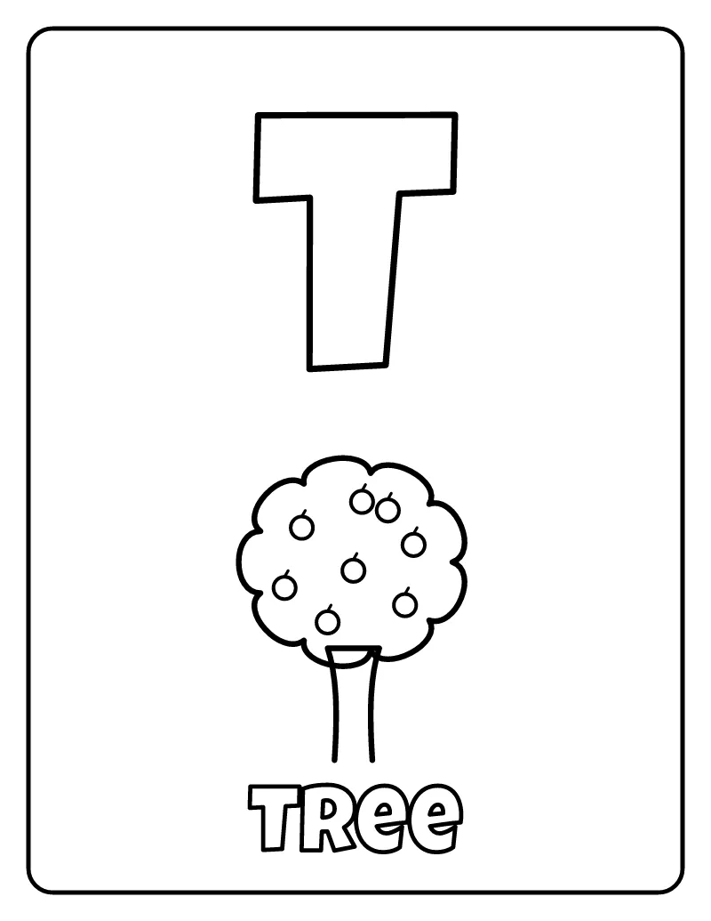 Letter T is for Tree coloring page – printable black and white line art
