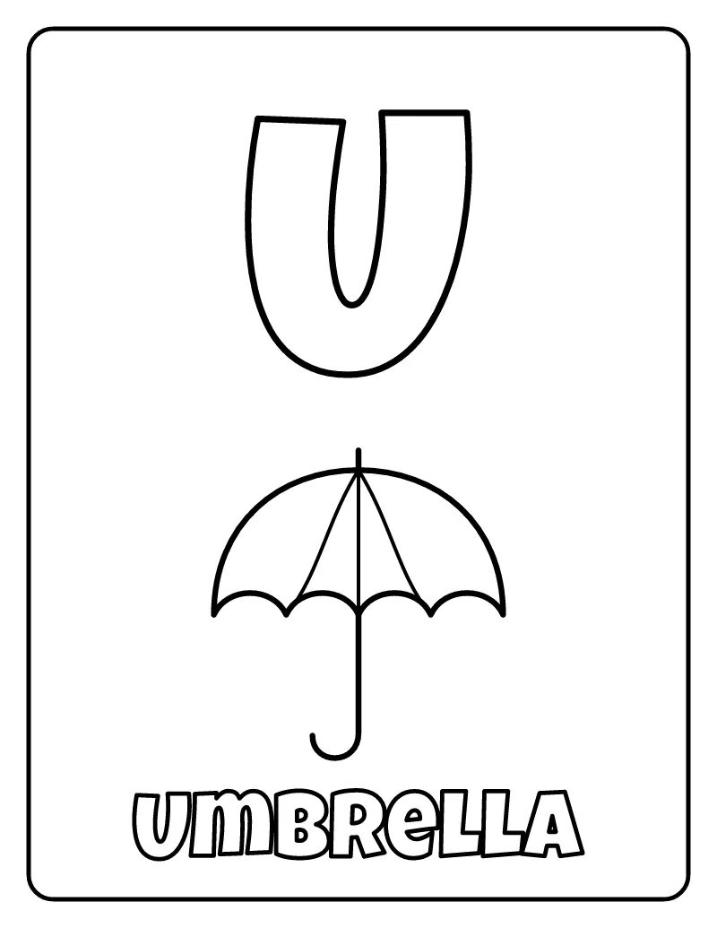 Letter U is for Umbrella coloring page – printable black and white line art