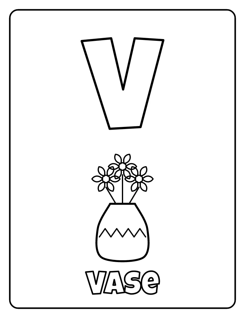 Letter V is for Vase coloring page – printable black and white line art