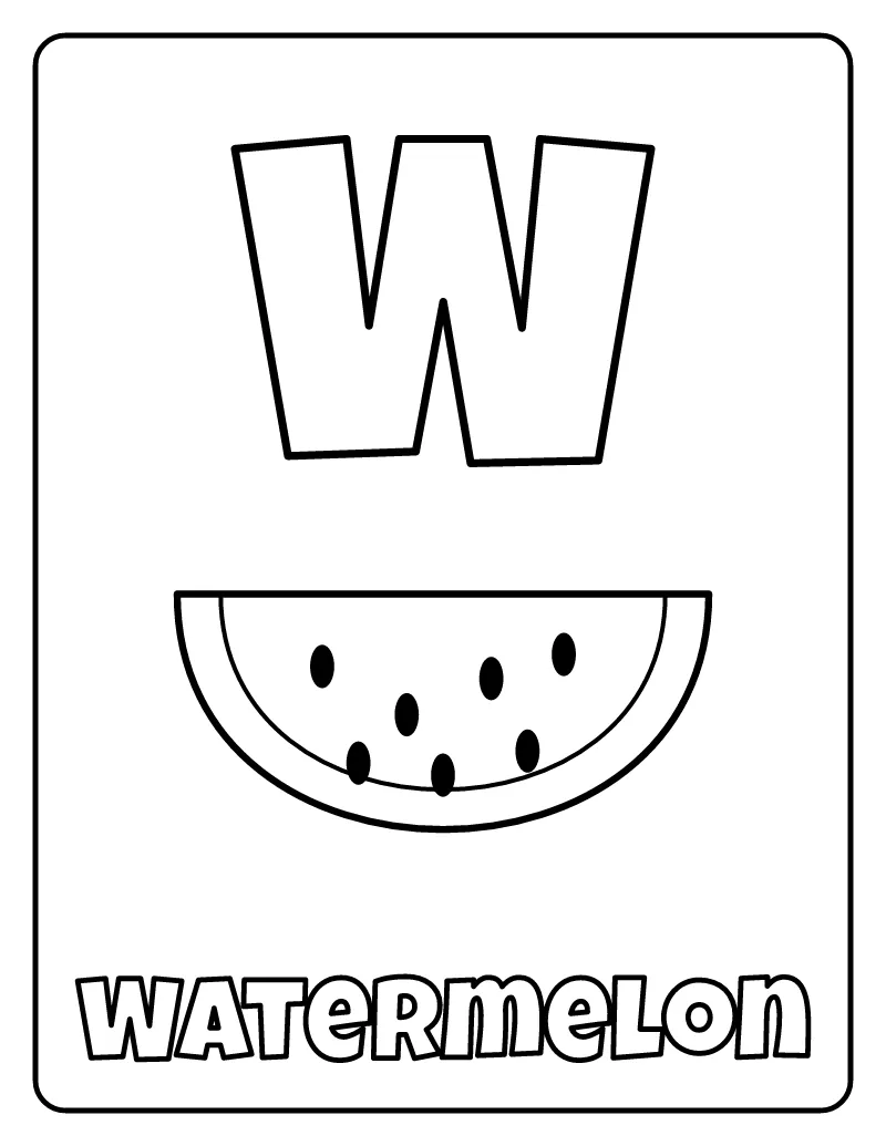 Letter W is for Watermelon coloring page – printable black and white line art