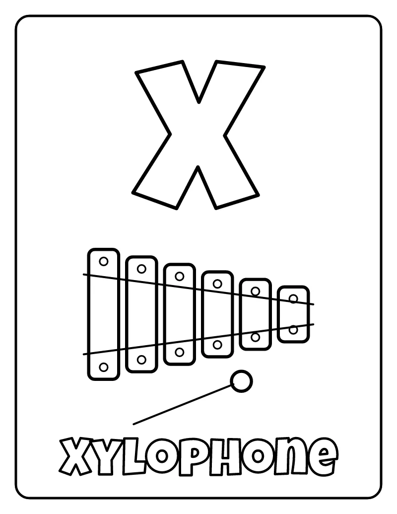 Letter X is for Xylophone coloring page – printable black and white line art