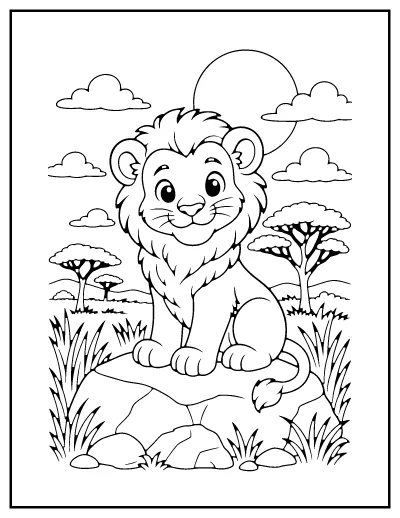 Lion Cub in the Savanna coloring page – printable line art