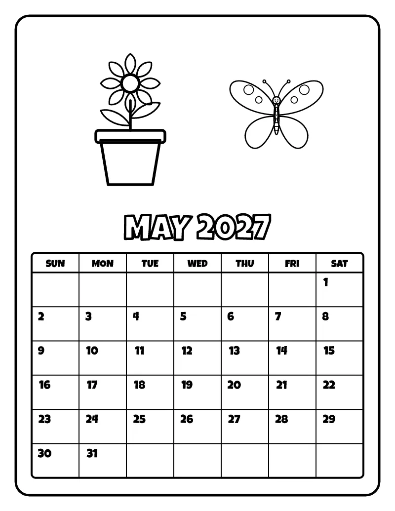 May 2027 Calendar coloring page – printable black and white line art
