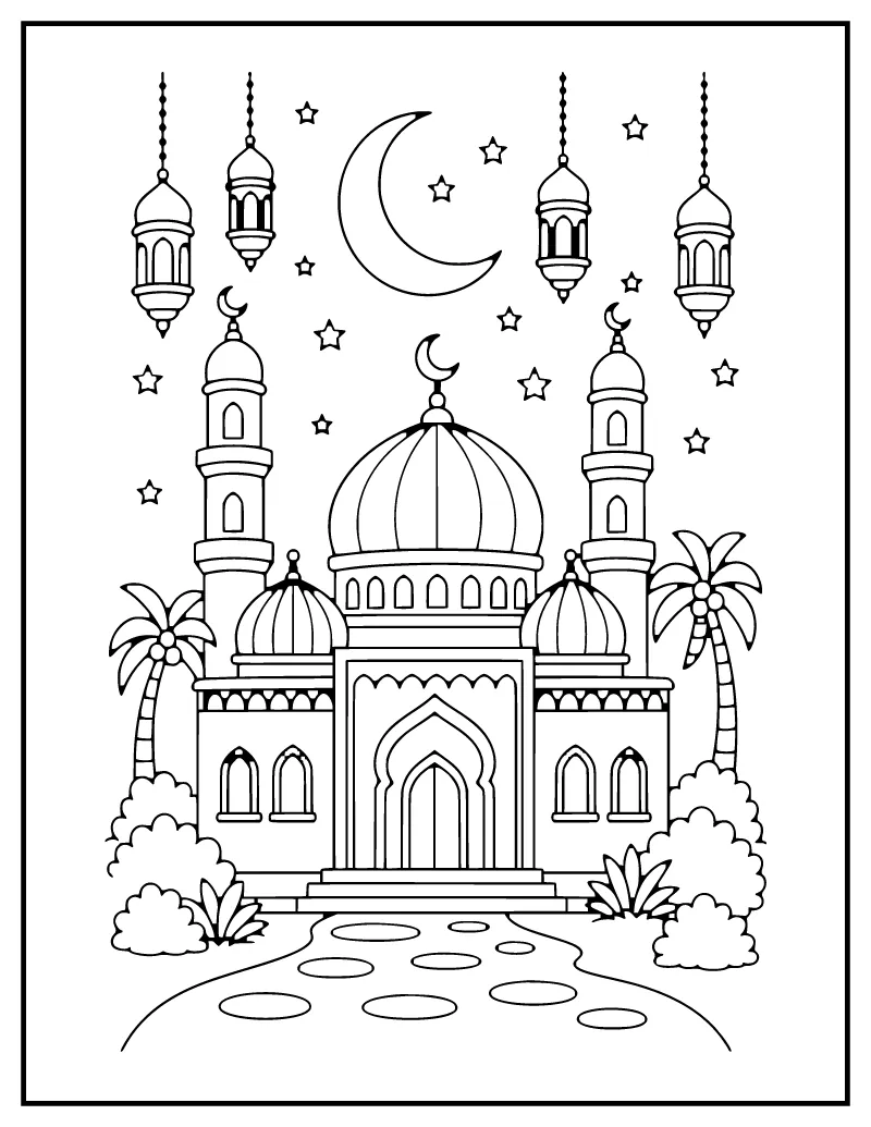 Mosque at Night coloring page – printable black and white line art