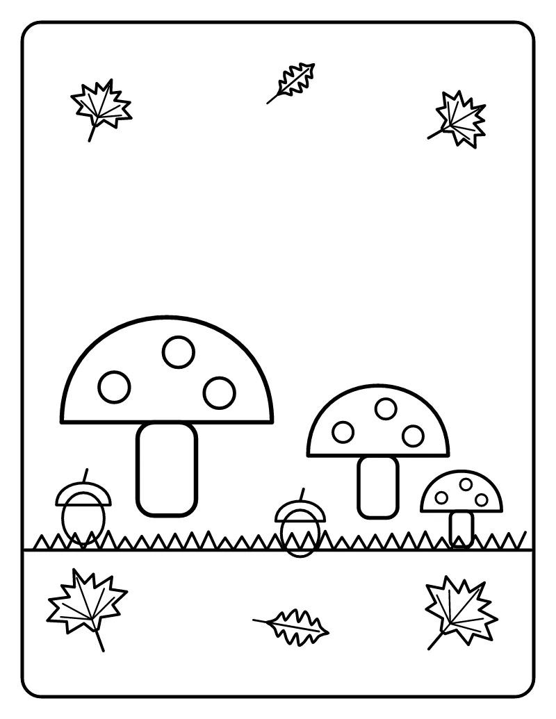 Mushrooms and Acorns on the Forest Floor coloring page – printable black and white line art