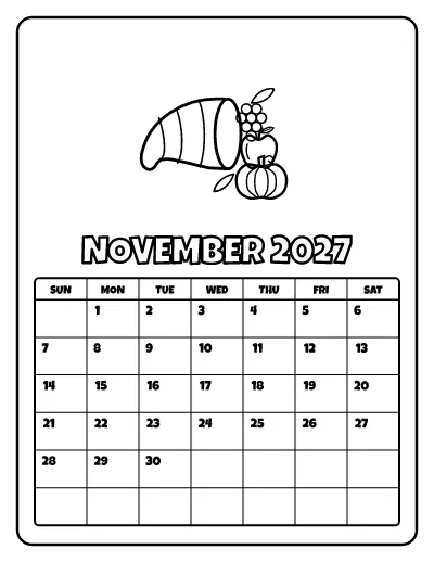 November 2027 Calendar coloring page – printable line art