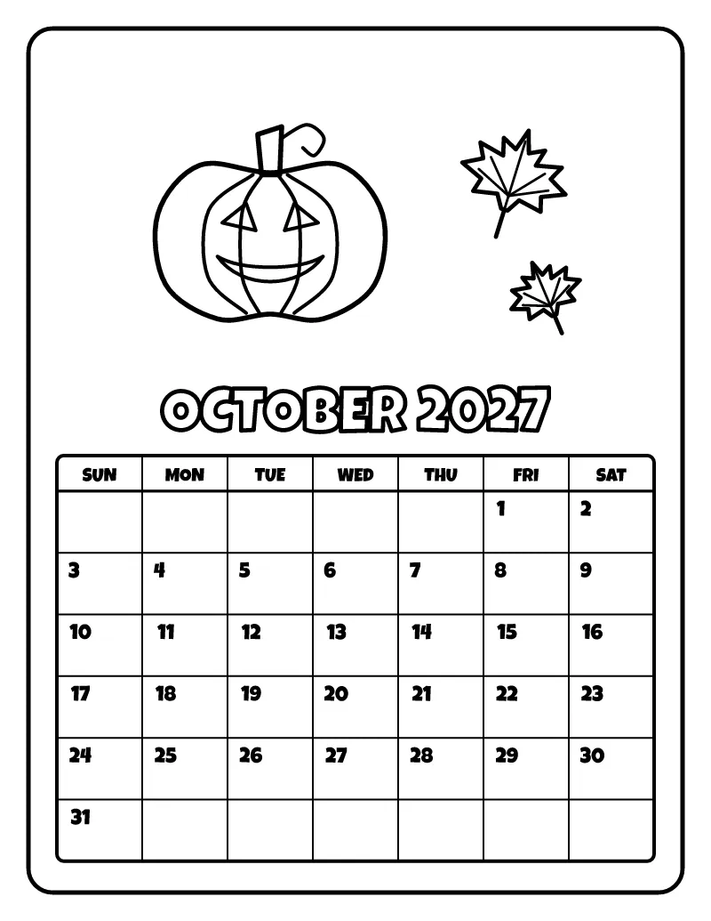 October 2027 Calendar coloring page – printable black and white line art