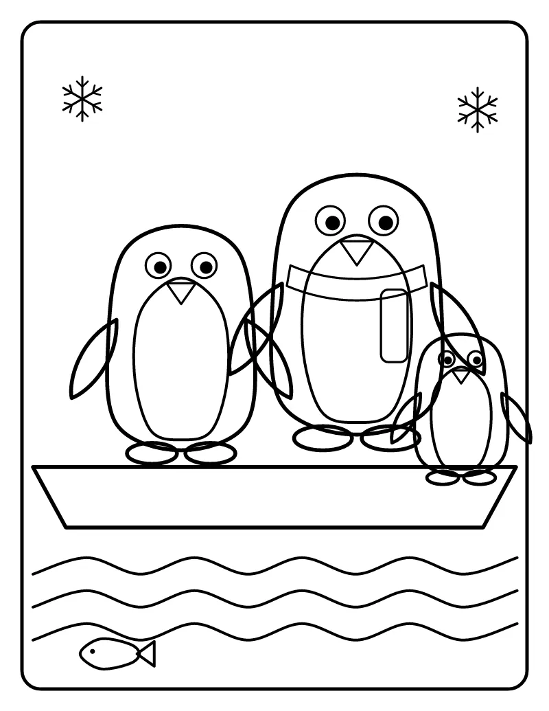 Penguins on the Ice coloring page – printable black and white line art