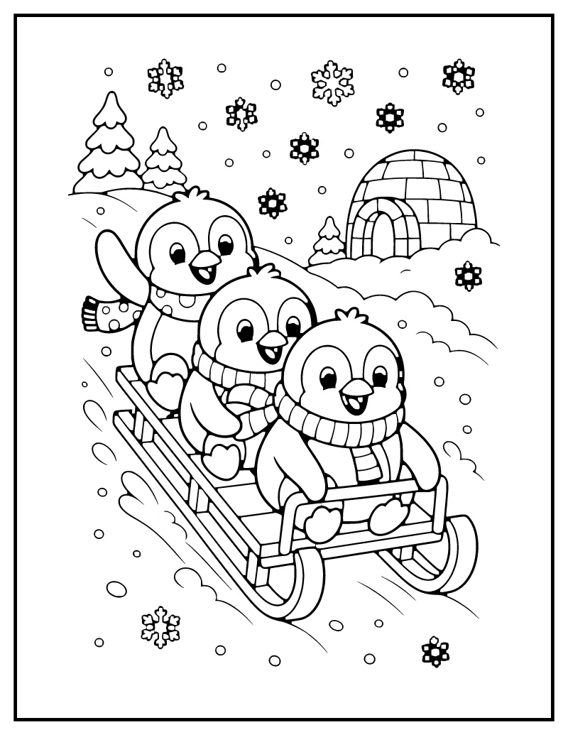 Penguins Sledding Down a Hill coloring page – printable black and white line art