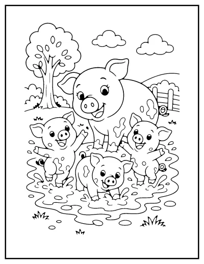 Piglets in the Mud coloring page – printable line art