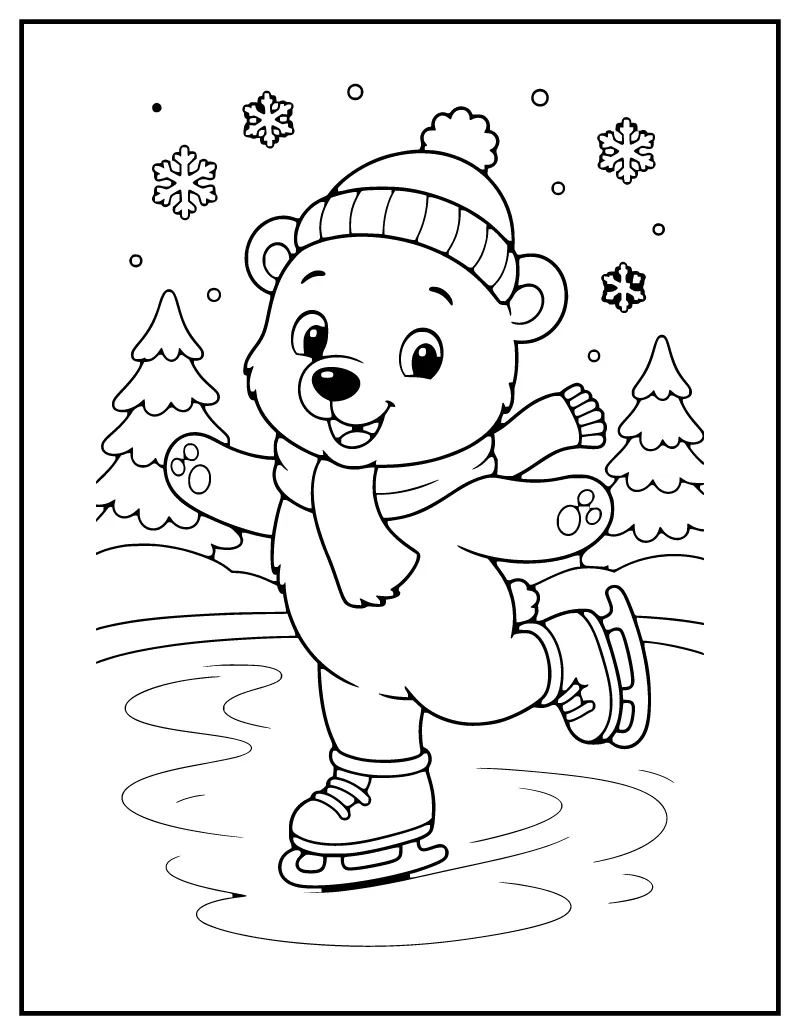 Polar Bear Cub Ice Skating coloring page – printable black and white line art