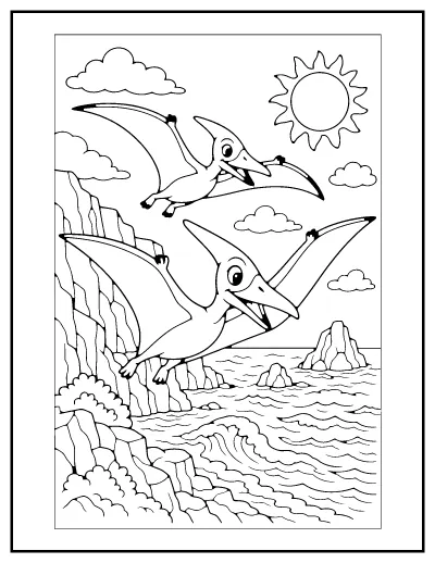 Pterosaurs over the Cliffs coloring page – printable line art