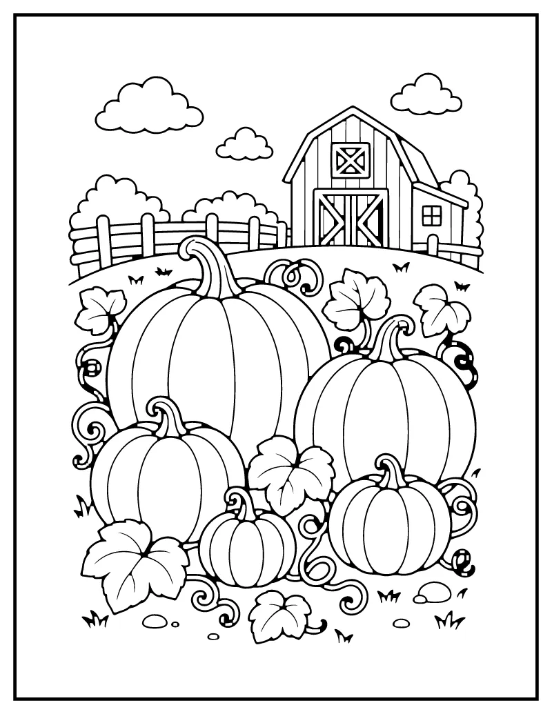 Pumpkin Patch coloring page – printable black and white line art