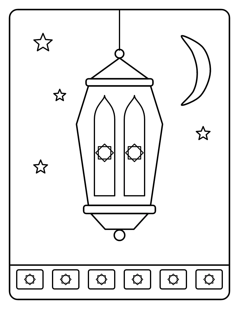 Ramadan Lantern with Crescent Moon coloring page – printable black and white line art