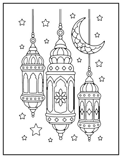 Ramadan Lanterns and Crescent Moon coloring page – printable line art
