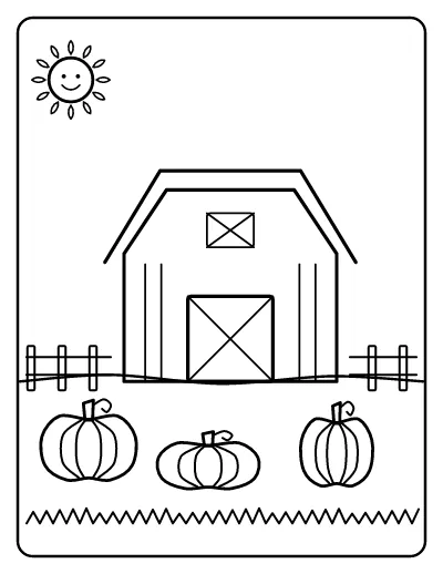 Red Barn Harvest Scene coloring page – printable line art