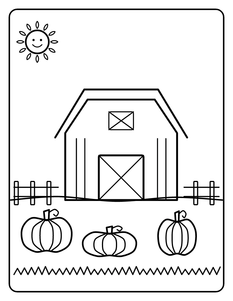 Red Barn Harvest Scene coloring page – printable black and white line art