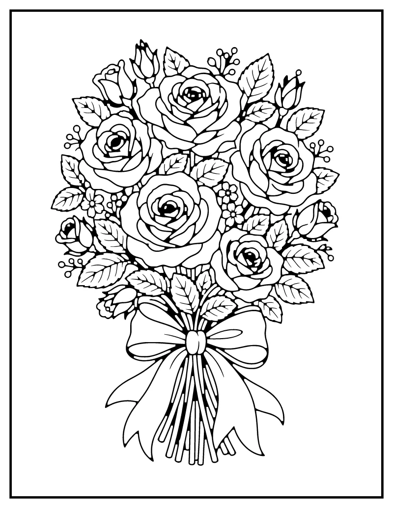 Rose Bouquet coloring page – printable black and white line art