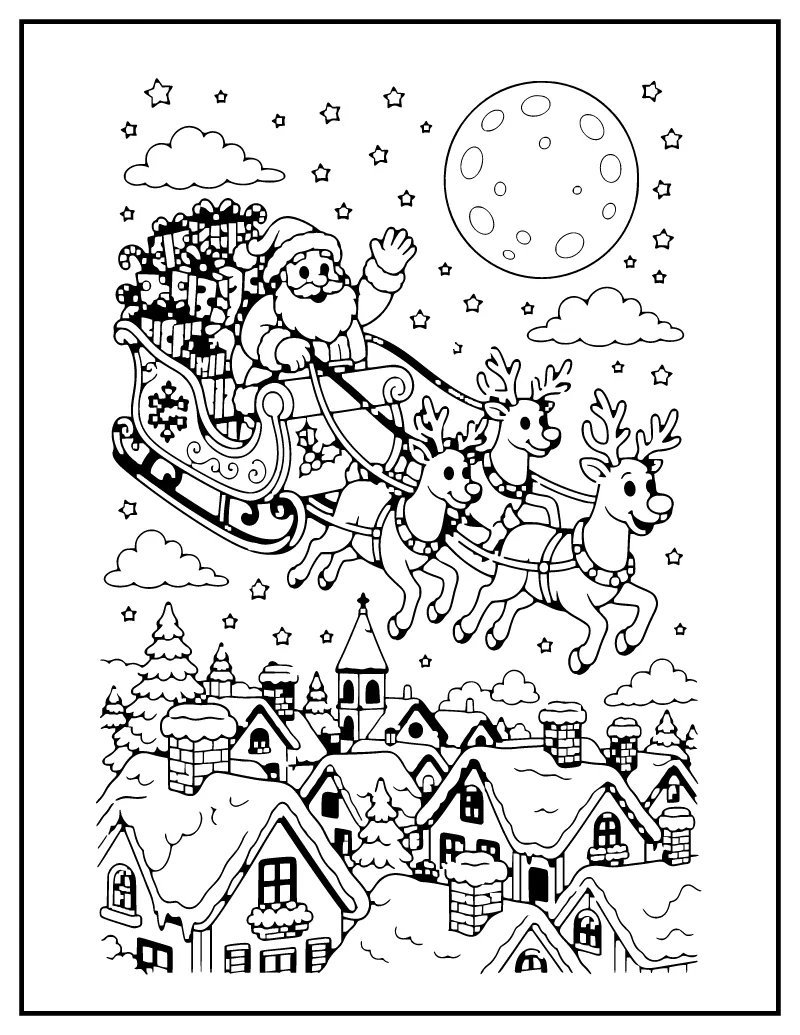 Santa Sleigh over the Rooftops coloring page – printable black and white line art