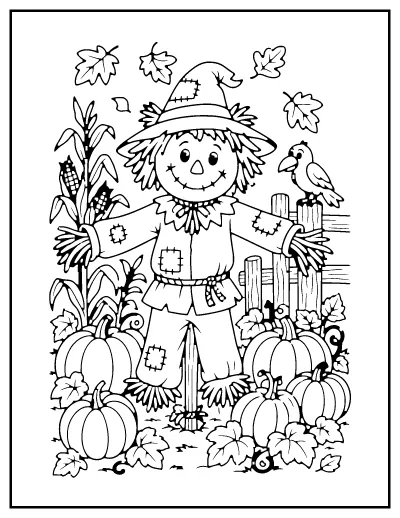 Scarecrow in the Pumpkin Patch coloring page – printable line art