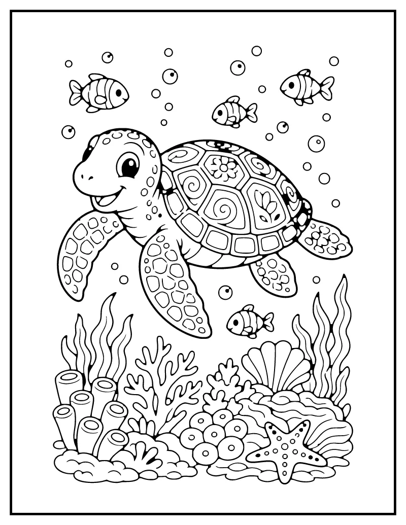 Sea Turtle Swimming coloring page – printable black and white line art