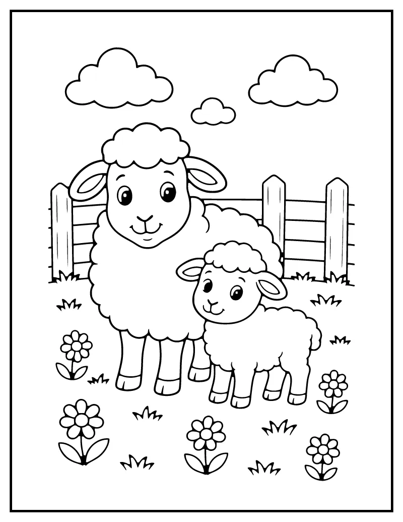 Sheep and Lamb coloring page – printable black and white line art