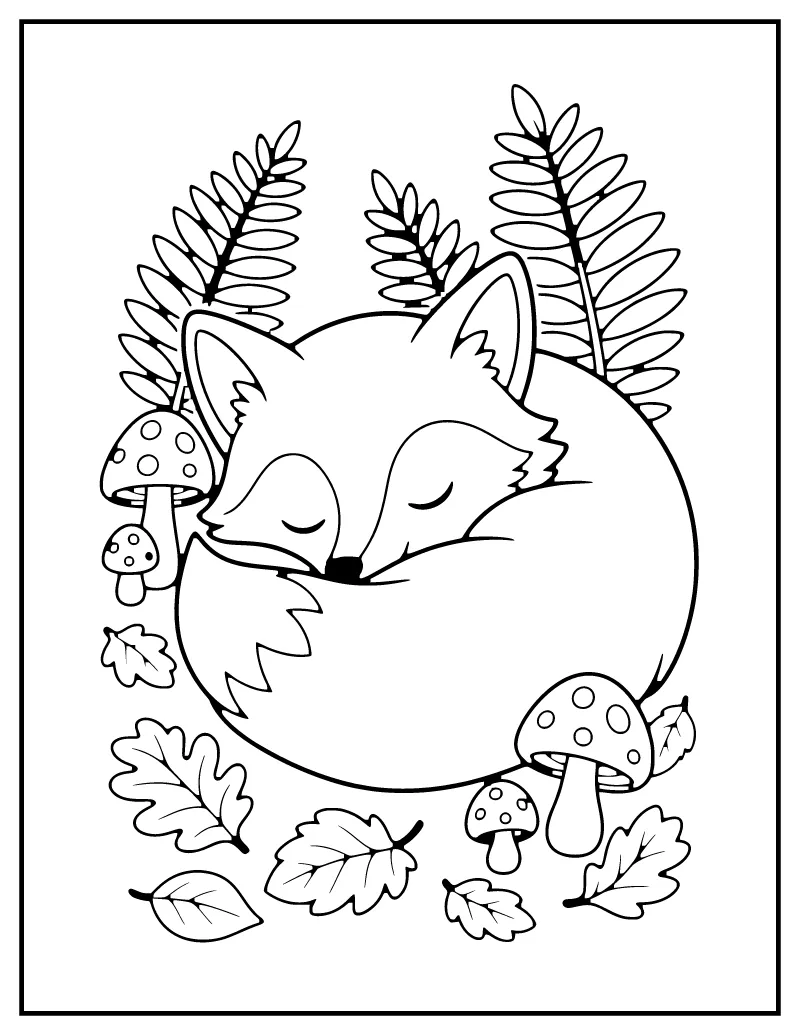 Sleepy Fox in the Forest coloring page – printable black and white line art