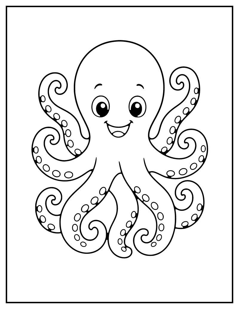 Smiling Octopus coloring page – printable black and white line art