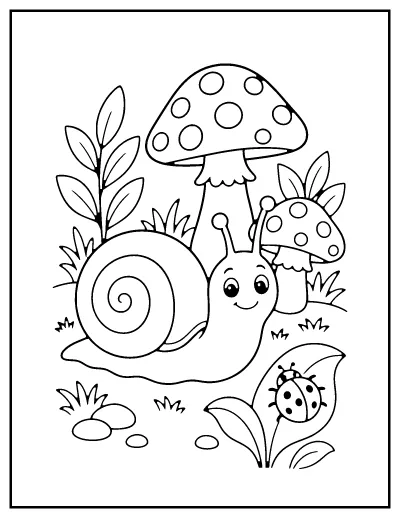 Snail with a Spiral Shell and Mushrooms coloring page – printable line art