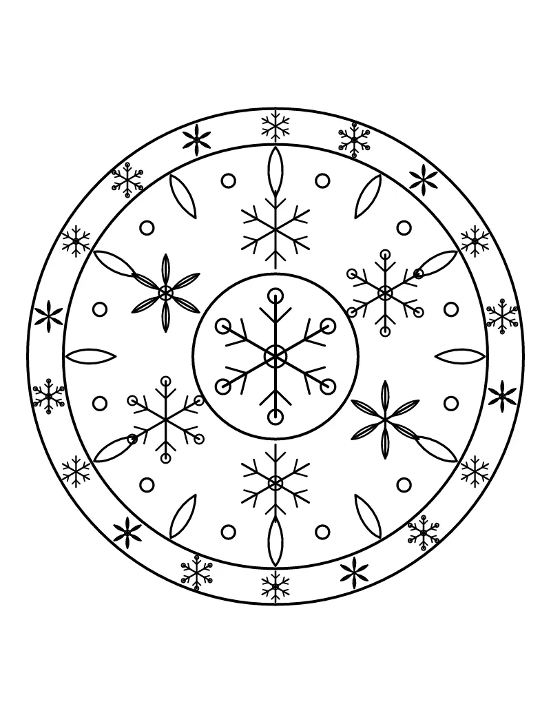 Snowflake Mandala coloring page – printable black and white line art
