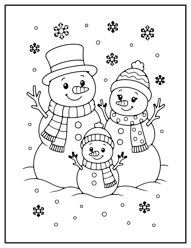 Snowman Family coloring page – printable black and white line art