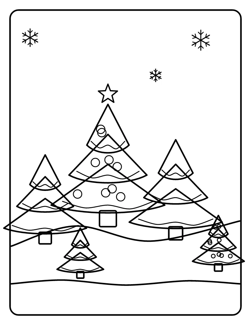 Snowy Christmas Tree Forest coloring page – printable black and white line art