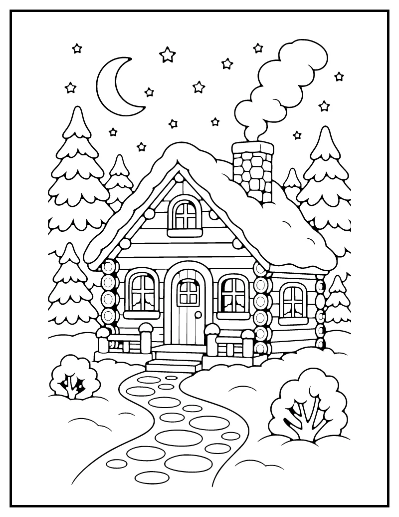 Snowy Log Cabin coloring page – printable black and white line art