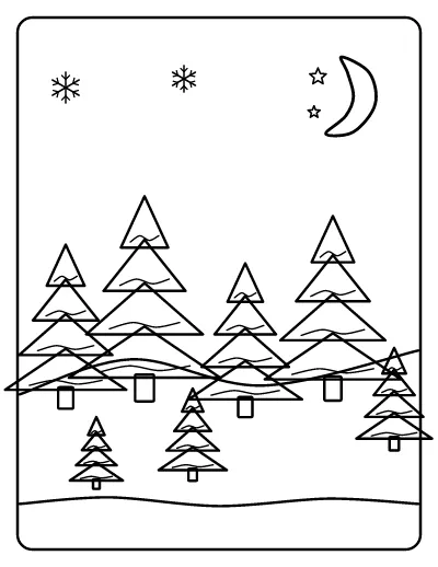 Snowy Pine Forest at Night coloring page – printable line art