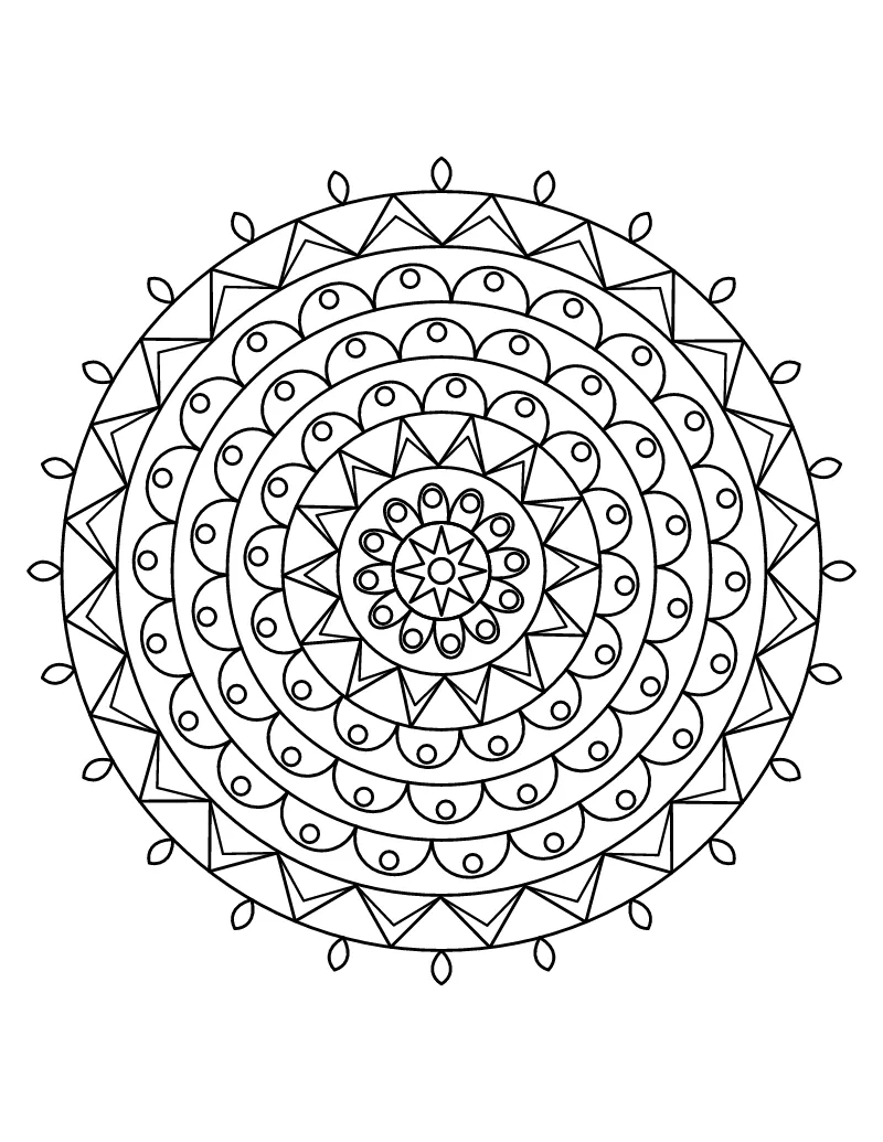 Sun Mandala coloring page – printable black and white line art