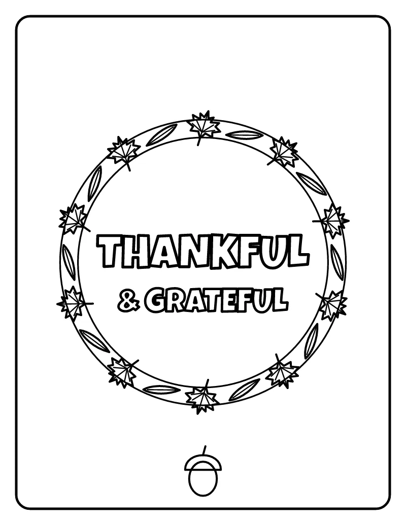 Thankful and Grateful Wreath coloring page – printable black and white line art