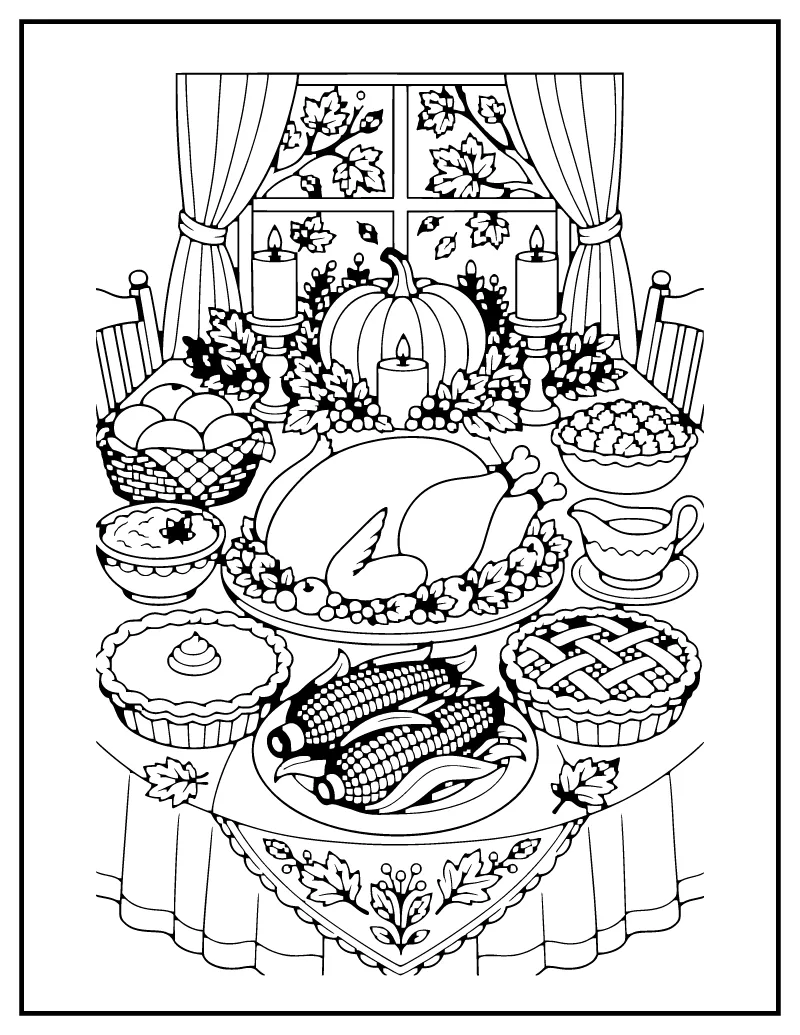 Thanksgiving Dinner Table coloring page – printable black and white line art