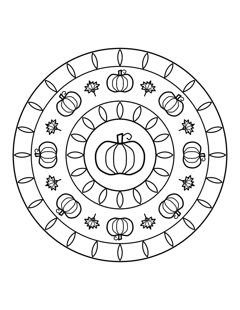 Thanksgiving Pumpkin Mandala coloring page – printable black and white line art