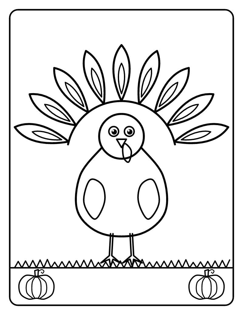 Thanksgiving Turkey with Feather Fan coloring page – printable black and white line art